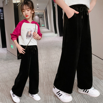 Girls pants 2021 autumn and winter plus velvet loose bright velvet wide leg pants
