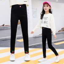 Girl pants 2020 Autumn new fashion foreign style autumn Korean girl Cherry embroidery elastic casual pants tide