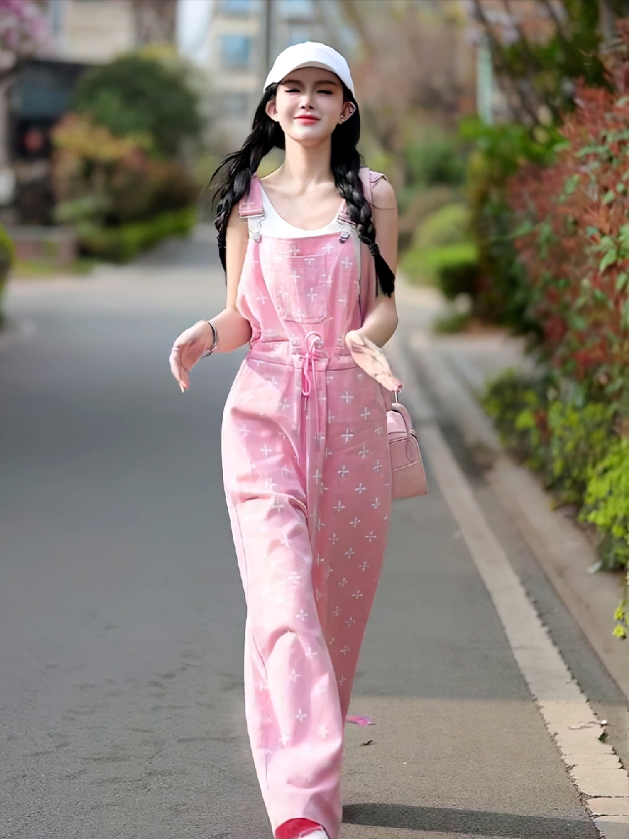 粉色牛仔背带裤女夏季显瘦高腰阔腿辣妹风穿搭神器