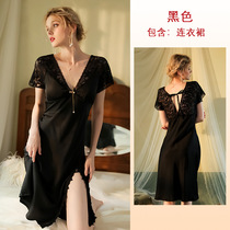 Summer ice wire sexy sleepy skirt lace water-soluble pajamas V collar long skirt long skirt thin spring