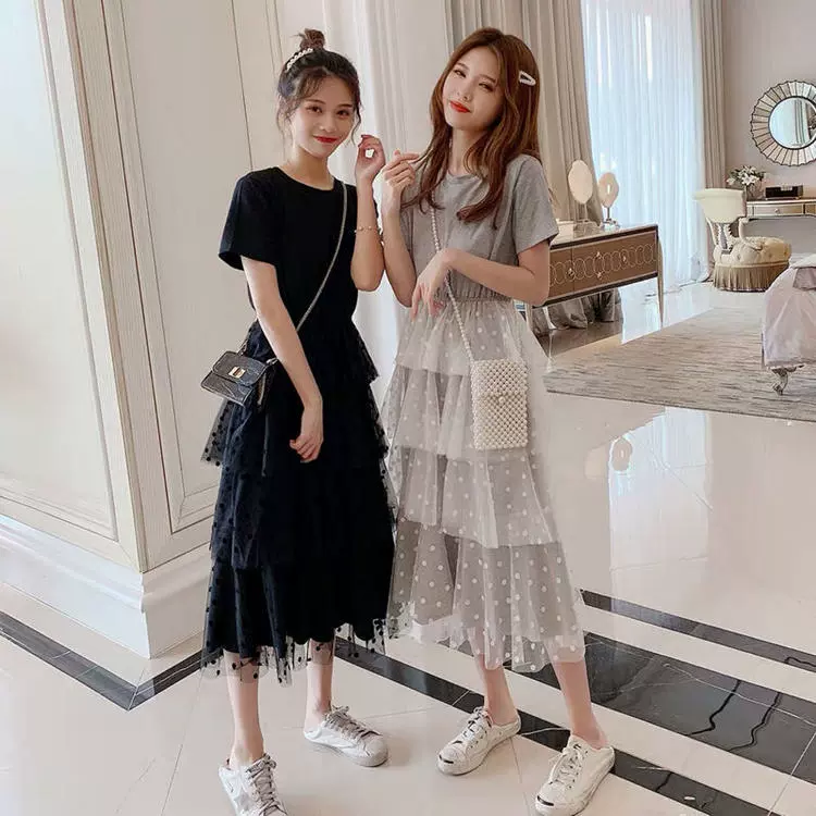 Váy nữ mùa hè 2020 phiên bản Hàn Quốc dài giữa chấm bi in lưới khâu váy bánh bèo cổ tròn tay ngắn váy cánh tiên - Sản phẩm HOT
