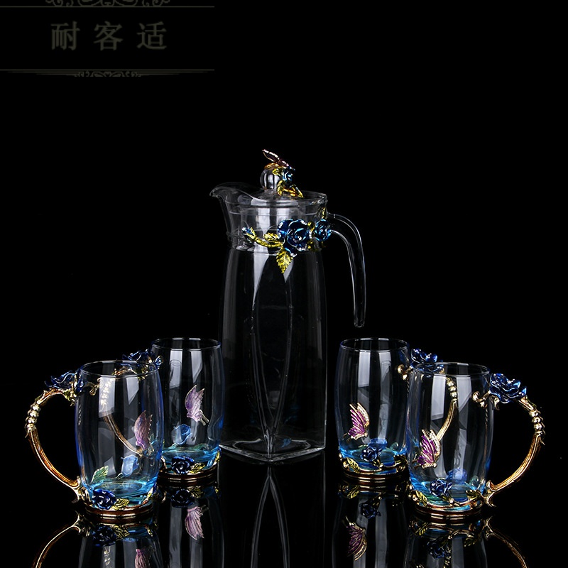 Hold to guest comfortable colored enamel high - capacity household drinking water kettle flowers crystal glass cups