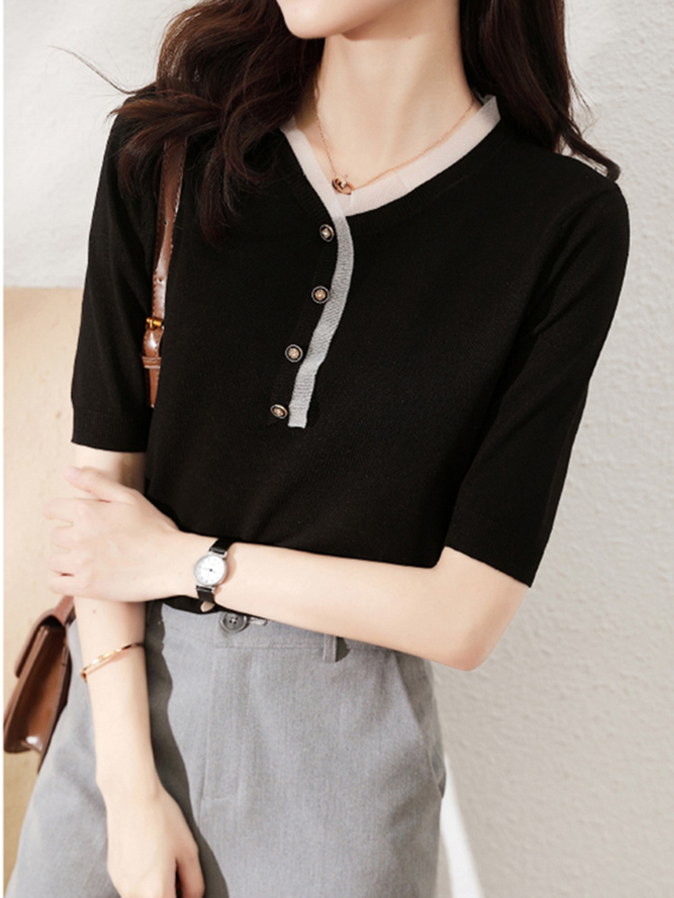 French temperament spliced short-sleeved sweater 2021 summer fashion loose thin wild tie t-shirt top