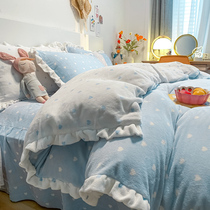 Winter padded milk velvet four-piece bed skirt double-sided velvet quilt cover naked sleeping coral velvet sheets princess wind bed hat