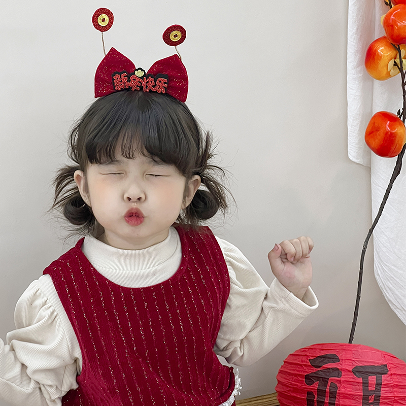Fun Words New Year Hair Hoop Children Red Hanfu Headwear Headwear Girl's New Year Stirrup Velvet butterfly knot hair decoration-Taobao