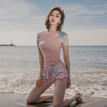Korean ins style sports swimsuit womens split short-sleeved top sunscreen belly cover thin hot spring conservative swimming wear