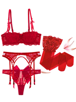 Sexy lingerie suit Super Slim Summer Half Cup Red Lace Bra Hood Female Harnesses Socks PANTS Butterfly