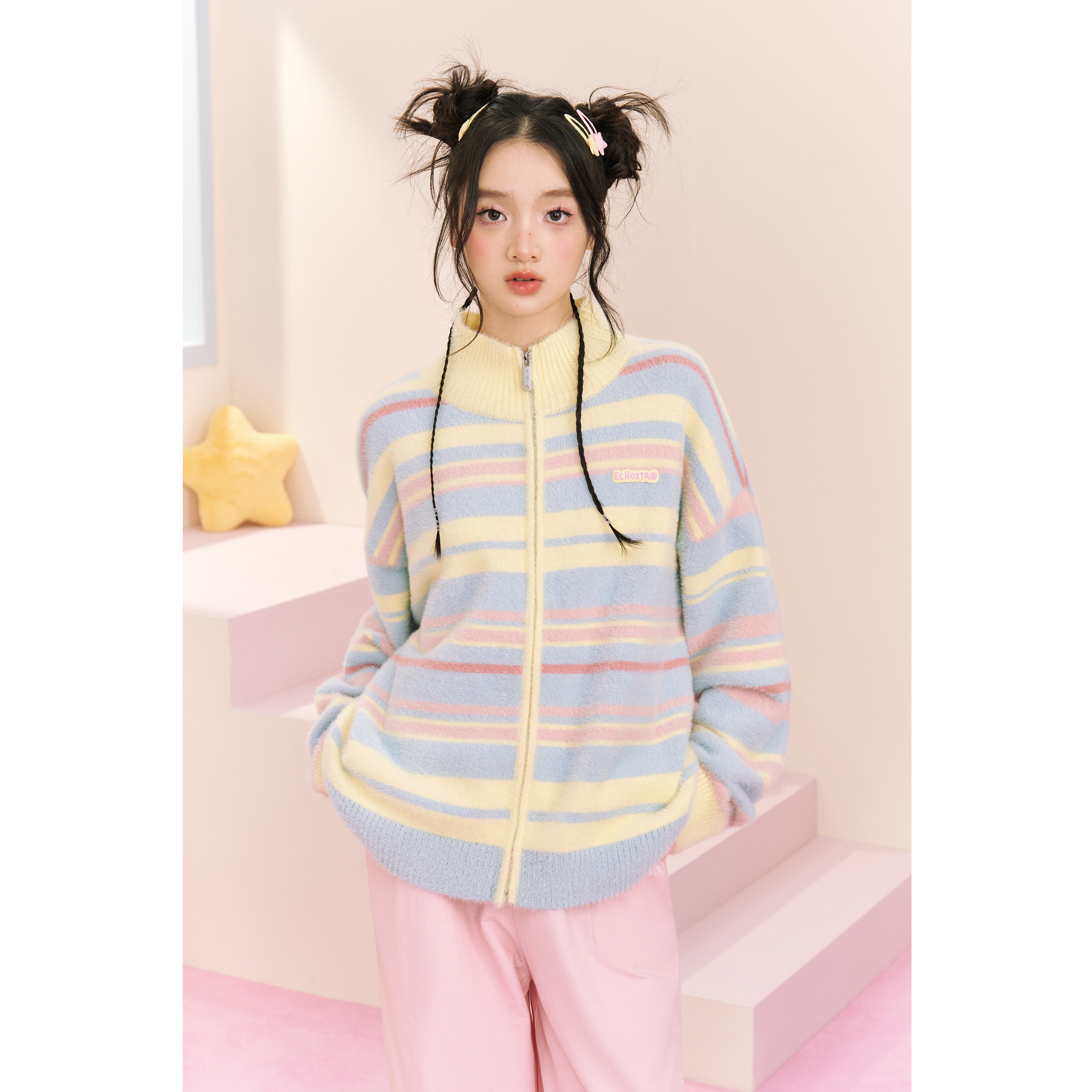 ECHO STA Original design dopamine color striped retro design sensation zipper cardigan sweater-Taobao