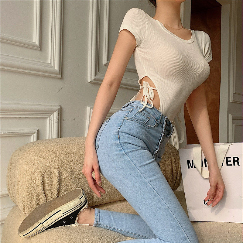 实拍实价控5~ins性感高腰绑带露腰连体弹力圆领百搭显瘦短袖上衣