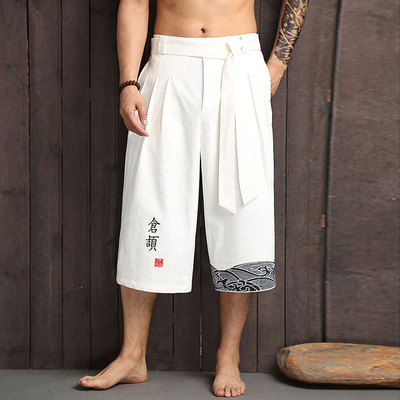 Chinese style Tang suit Han suit pants men's seven-minute pants loose straight-barreled Imitation cotton and hemp casual broad-legged pants retro trend