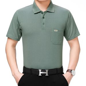 夏装中年男士短袖t恤爸爸装翻领棉涤薄款中老年人真口袋加肥加大
