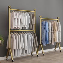 Gold clothing store hanging clothes showcase double deck men and womens clothes rack can lift and adjust clothes frame