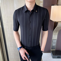 Summer Short Sleeve Shirt 2021 New Stripes Korean Slim Seven Sleeve Shirt Men Mid Sleeve Shirt Non-hot Silky