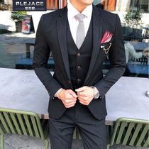 Korean slim suit three-piece suit male British casual personality striped suit Host suit Groom wedding tide