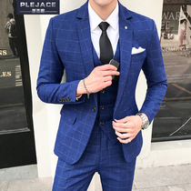 British plaid suit Three-piece suit Mens Korean slim casual suit Handsome wedding dress large size suit