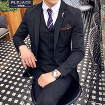 British suit three-piece suit male Korean slim suit Business casual personality striped groom wedding suit dress