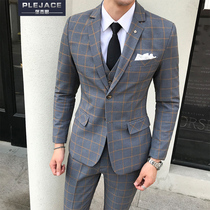 British two buckles plaid suit three-piece mens Korean slim business casual suit Groom wedding dress