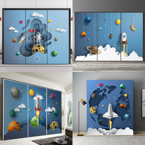 Custom wardrobe sticker set as a moving door glass film Push door Cupboard Door Renovated Furniture Room Door Decoration Painting Astronaut