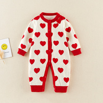 Baby sweater one-piece clothes for autumn and winter clothing with baby-knitted sweatshirt with velvety khaclothes climbing for winter out of the warm line clothes