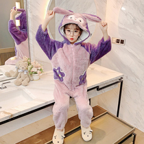 Childrens coral velvet conjoined pajamas autumn and winter thickened girls baby dark purple flannel girls home clothes