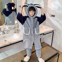 Childrens pajamas for boys autumn and winter coral velvet plus velvet thickened flannel gray blue with Zhang Green Home suit