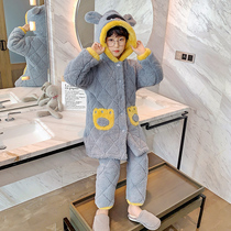 Childrens pajamas winter thickened children plus velvet boy coral velvet three-layer cotton autumn and winter flannel