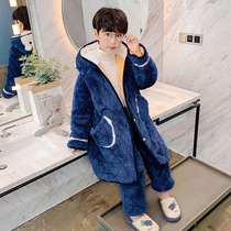Childrens pajamas for boys and boys in winter three-layer cotton thickened velvet coral velvet big children flannel home clothing
