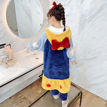 Childrens flannel pajamas winter girls coral velvet thickened set dark blue with Lake Blue girls home clothes