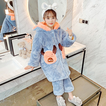 Childrens pajamas winter coral velvet three-layer cotton thickened girl baby flannel Lake Blue Home suit suit