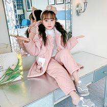 Childrens pajamas girls winter coral velvet padded cotton autumn and winter girls plus velvet stripes pink middle and big children