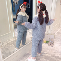 Childrens pajamas winter coral velvet three-layer cotton thickened girl baby flannel twist gray-blue home wear