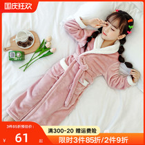 Childrens bathrobe coral velvet robe Flannel autumn and winter girls extended nightgown for girls lapel padded pajamas