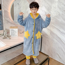 Childrens flannel pajamas winter boy coral velvet thickened suit boy big boy home clothing lake blue with yellow