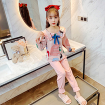 Childrens pajamas girls spring and autumn cotton baby little girl Summer thin powder with Lake Blue middle school clothes