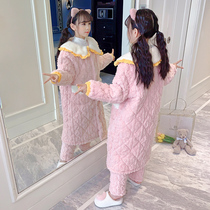 Childrens pajamas winter coral velvet three-layer cotton thickened girl baby flannel hemp pollen home clothing