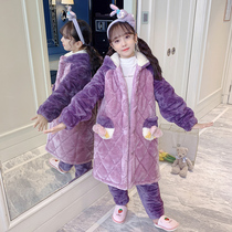 Childrens pajamas winter coral velvet three-layer cotton thickened girl baby flannel light purple home suit suit
