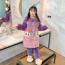 Childrens pajamas winter coral velvet three-layer cotton thickened warm girl baby flannel deep purple home clothing