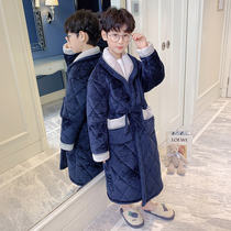 Boys nightgown childrens pajamas winter coral velvet thickened three-layer cotton autumn and winter boy navy blue bathrobe