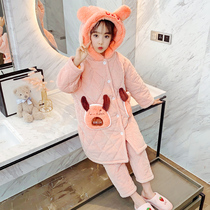 Childrens pajamas autumn and winter three-layer cotton flannel thickened suit girl coral velvet girl home clothing