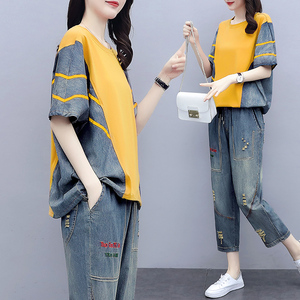 时尚洋气拼接天丝牛仔套装女2020夏季气质休闲时尚轻熟减龄两件套