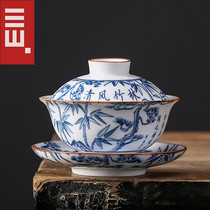 Green Flowers Three Only Cover Bowl Tea Cup Tea Tea Cup Set Tea Bowl Big Number Home Imitation Ancient Kung Fu Single Tea Bowl Artisanal