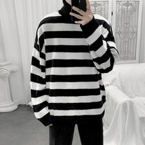 Black and white striped sweater mens high collar base shirt autumn and winter students Korean trend loose ins harbor wind knitwear