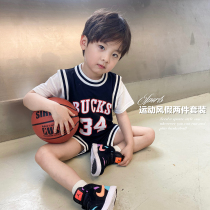 Shrimp paste hemp childrens clothing boys summer clothes baby suit new childrens clothes basketball sports two-piece suit tide