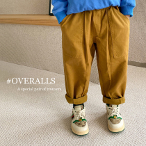 Shrimp paste hemp childrens clothing boys casual pants spring and autumn 2022 new baby Korean style foreign style straight-leg overalls