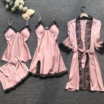 summer four piece set sexy thin women's ice silk pajamas home clothing trendy