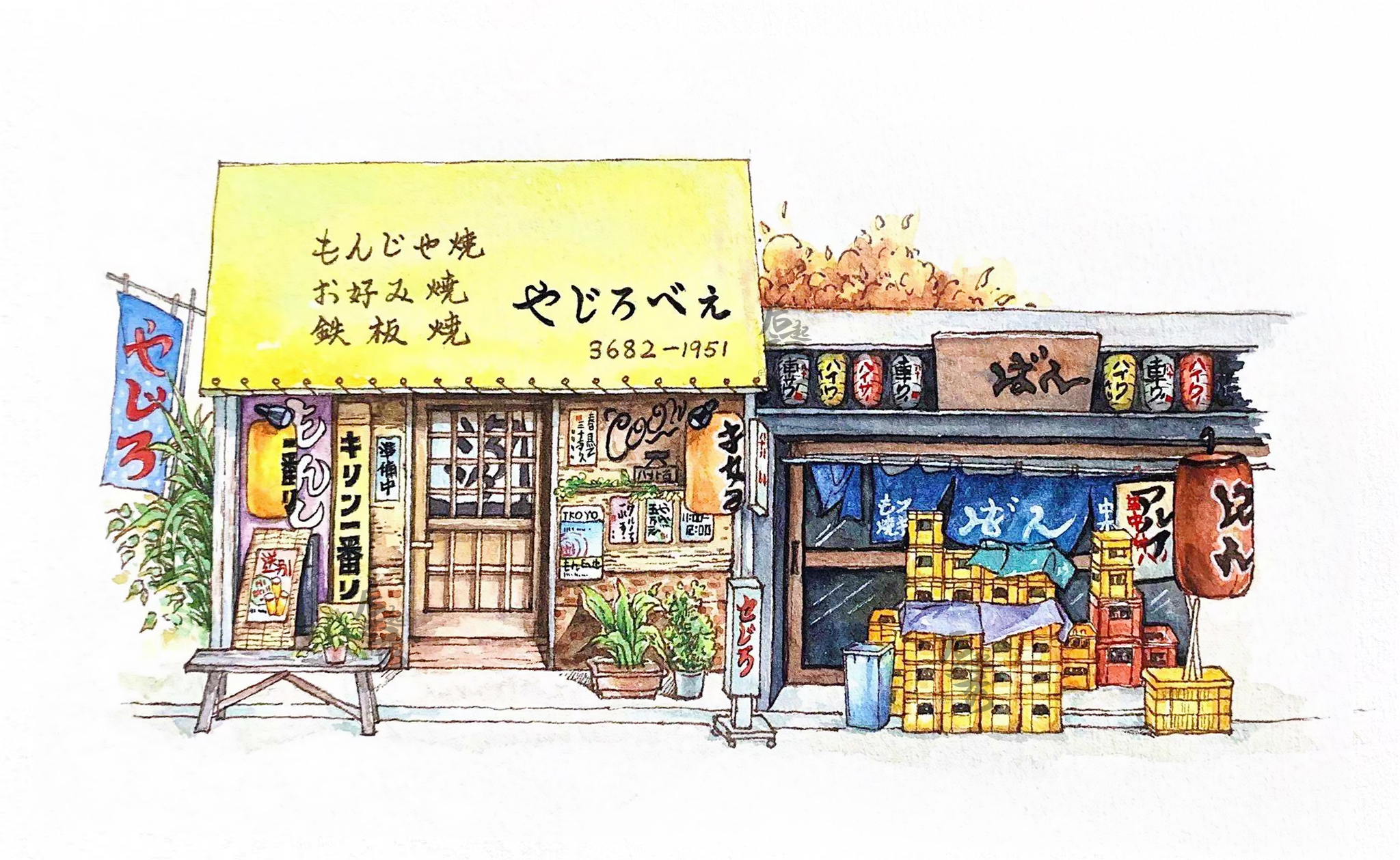 水彩线稿棉浆日式杂货店淡彩小店建筑风景钢笔淡彩填色纸上色线稿