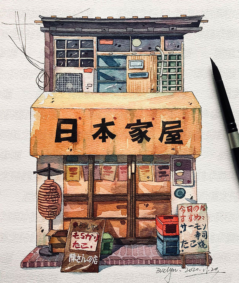 水彩线稿棉浆日式杂货店淡彩小店建筑风景钢笔淡彩填色纸上色线稿