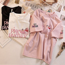 2022 new short sleeve t-shirt female Korean version loose casual minimalist pink leopard pure cotton blouse with long summer tide