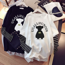 2022 new womens dress pure cotton long sleeve t-shirt female fall Korean version ins loose and casual mid-length jacket fake two