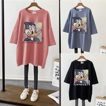 Pure cotton short sleeve t-shirt female medium long section Korean version loose for casual big code Tang old duck half sleeve blouse summer foreign air tide